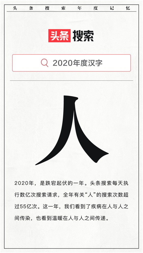 头条搜索发布2020榜单：汉字“人”年度搜索量超55亿